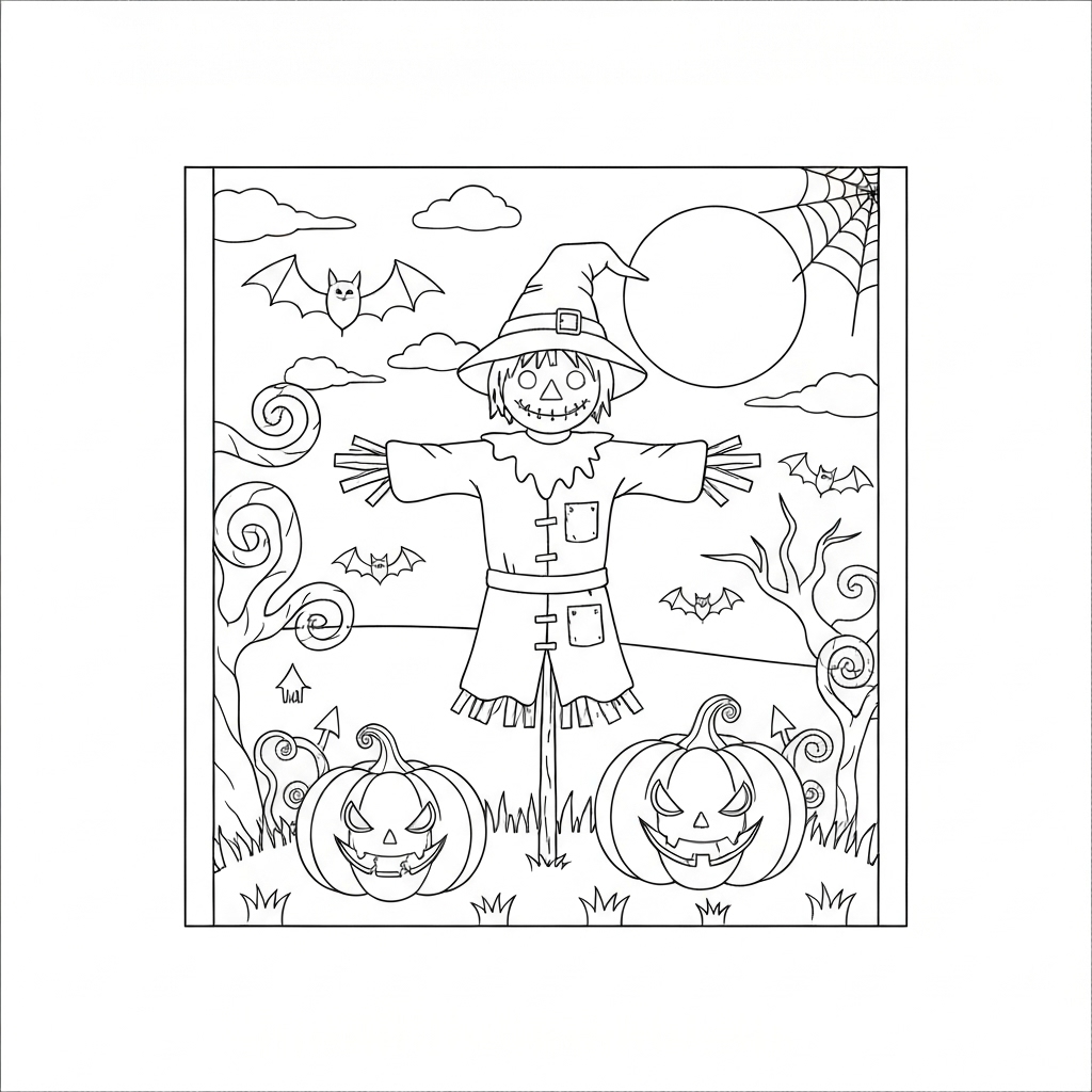 Coloriage Halloween a imprimer - Dessin Coloriage de Scarecrow avec Citrouilles Effrayantes