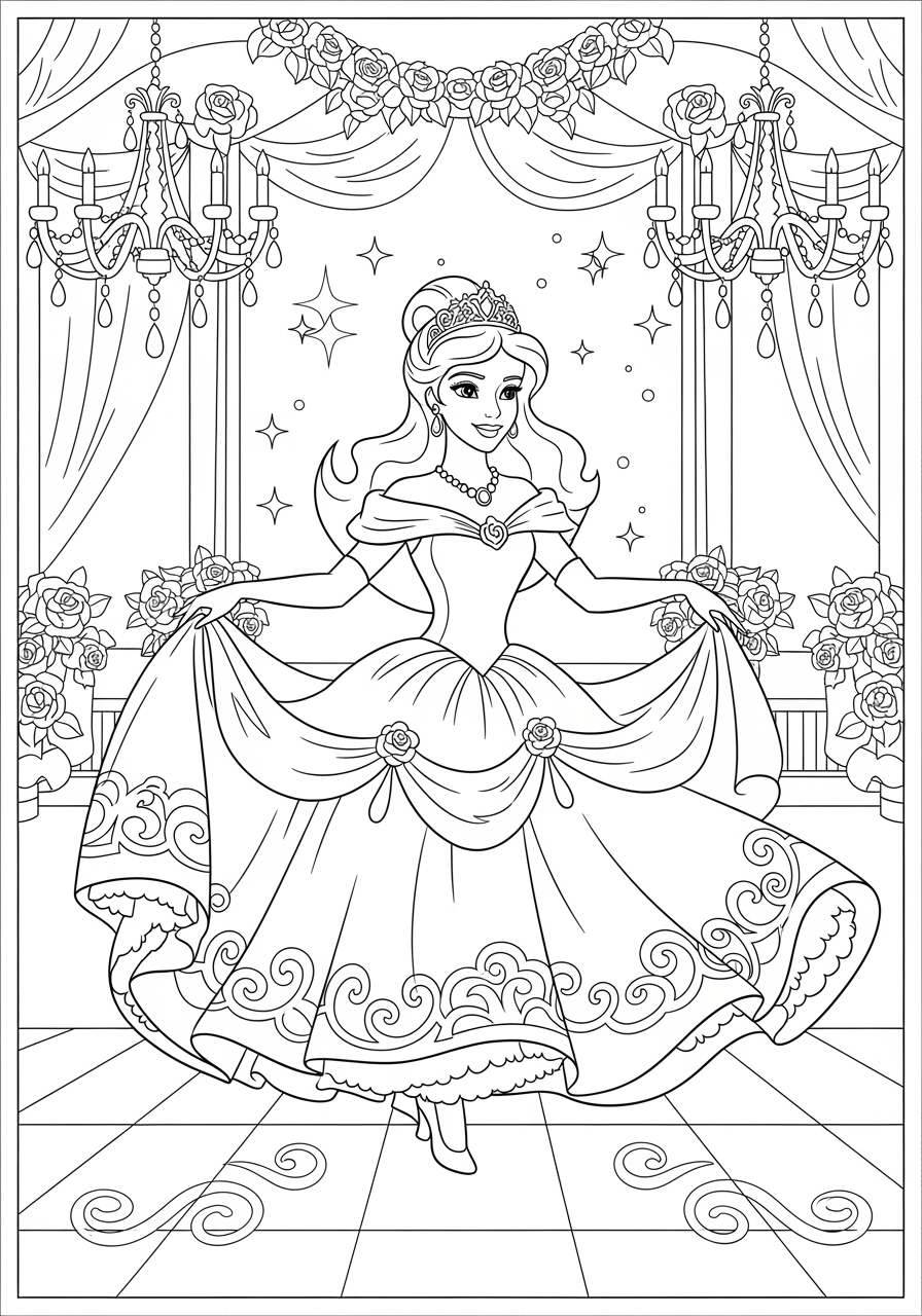 Coloriage Princesse a imprimer - Dessin Princesse dansante au bal grandiose