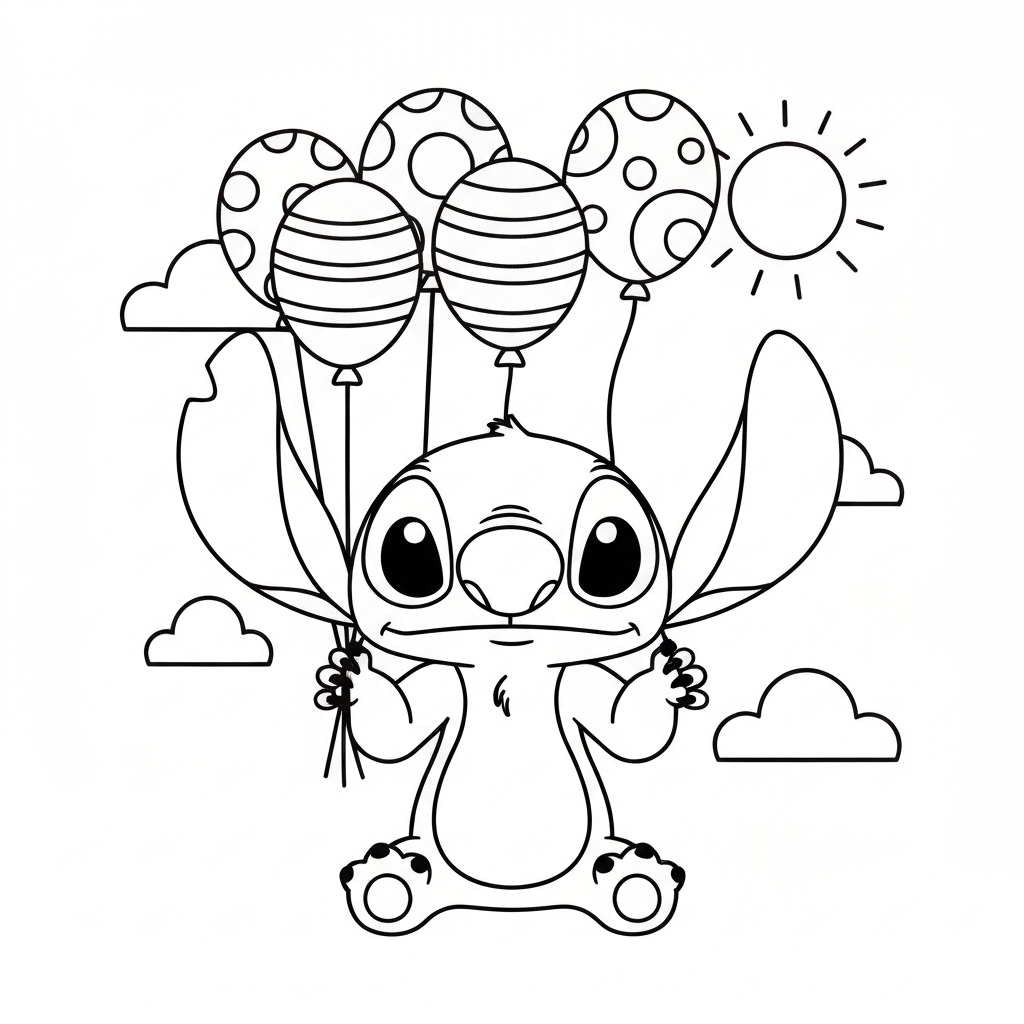 Coloriage Stitch a imprimer - Dessin Stitch avec des ballons colorés dans le ciel