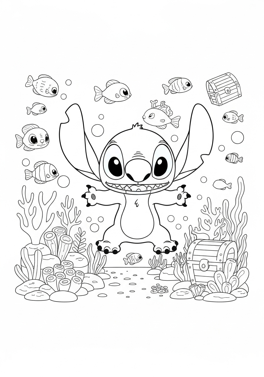Coloriage Stitch a imprimer - Dessin Stitch explore un monde sous-marin magique