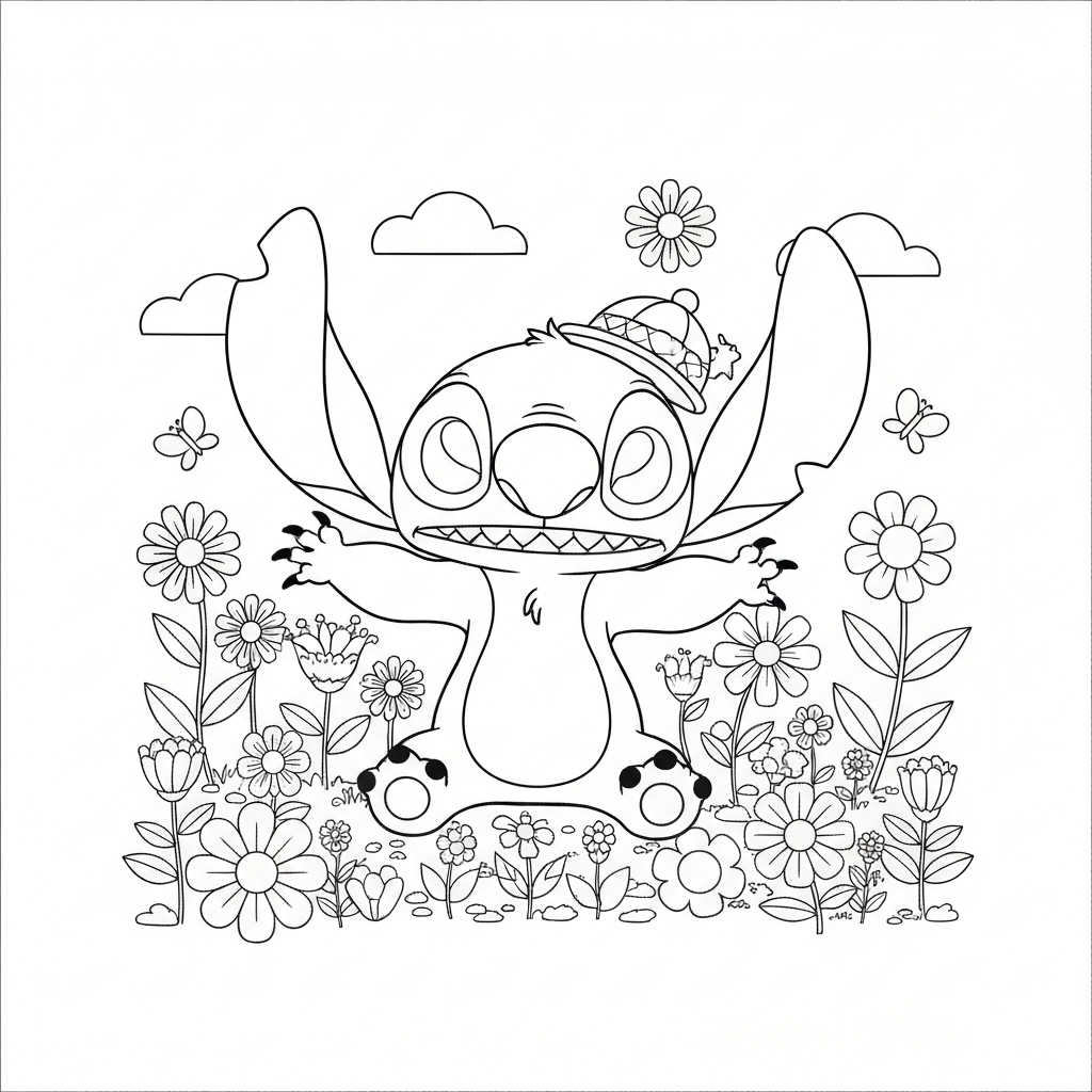 Coloriage Stitch a imprimer - Dessin Stitch joue dans un jardin fleuri