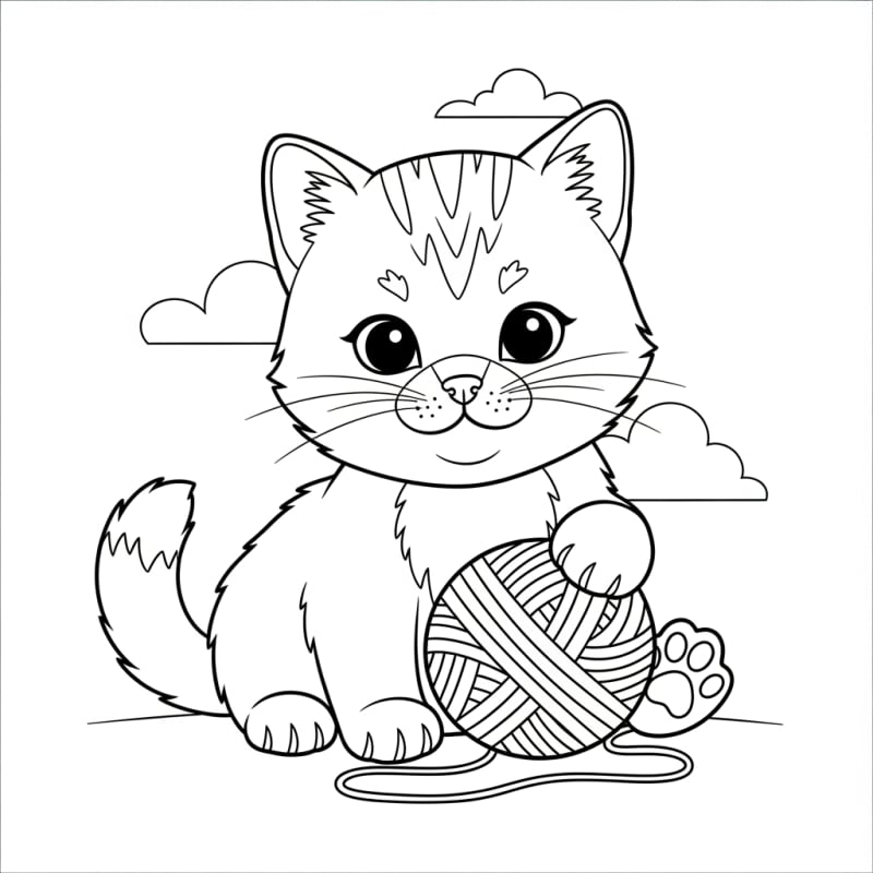Coloriage animaux a imprimer - Dessin Jolie chatte jouant avec une pelote de laine