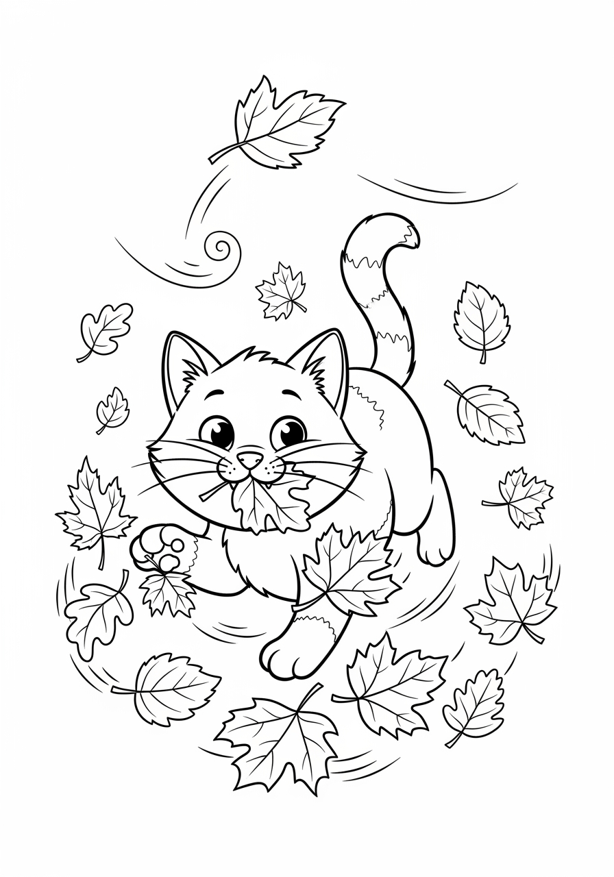 Coloriage Chat a imprimer - Dessin Chat Jouant Avec Des Feuilles D'Automne