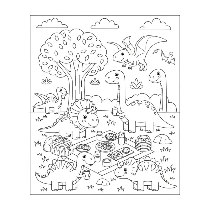 Coloriage dinosaure a imprimer - Dessin Dinosaures en Pique-Nique sous un Arbre