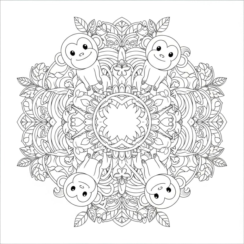 Coloriage mandala a imprimer - Dessin Mandala Animalier de Singes Joueurs