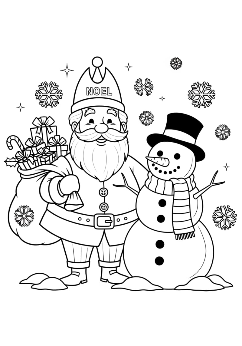 Coloriage pere-noel a imprimer - Dessin Bonhomme de neige joyeux avec écharpe à colorier