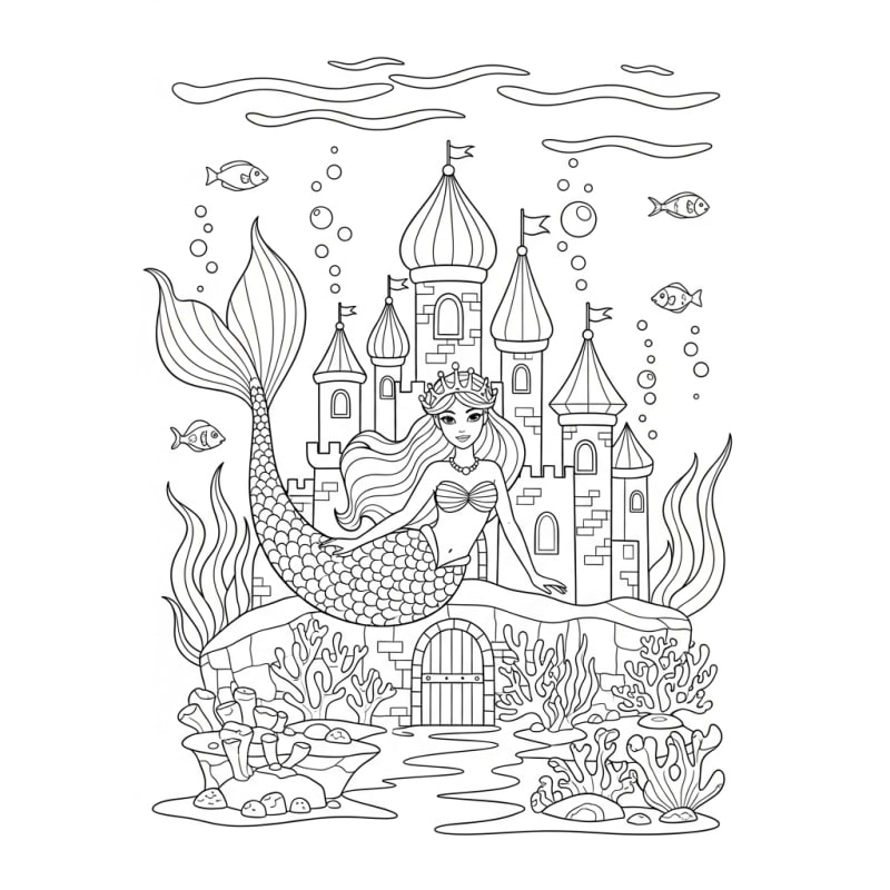 Coloriage sirene a imprimer - Dessin Château sous-marin avec la princesse sirène