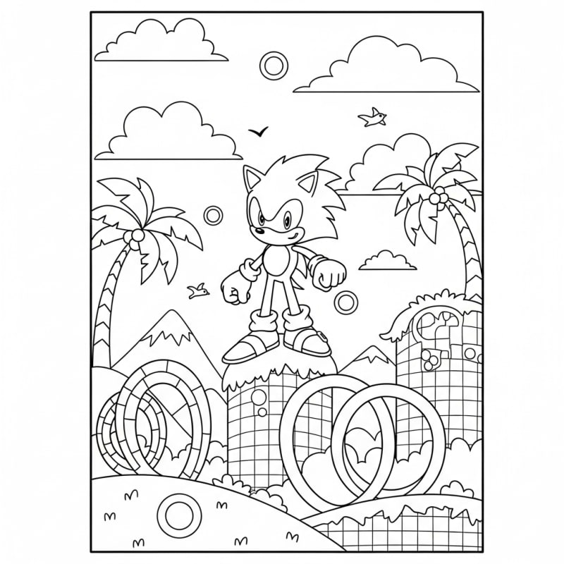 Coloriage sonic a imprimer - Dessin Colline Verte avec Palmiers à Colorier