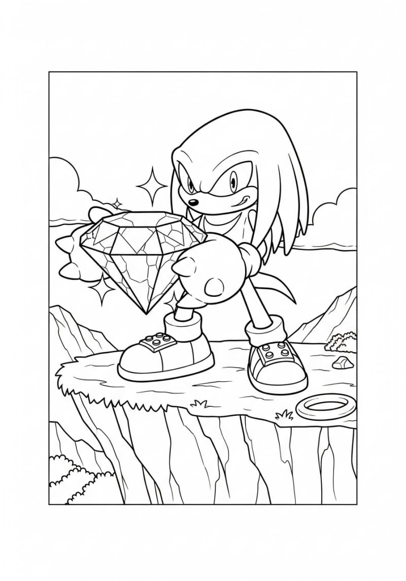 Coloriage sonic a imprimer - Dessin Knuckles protégeant une émeraude brillante