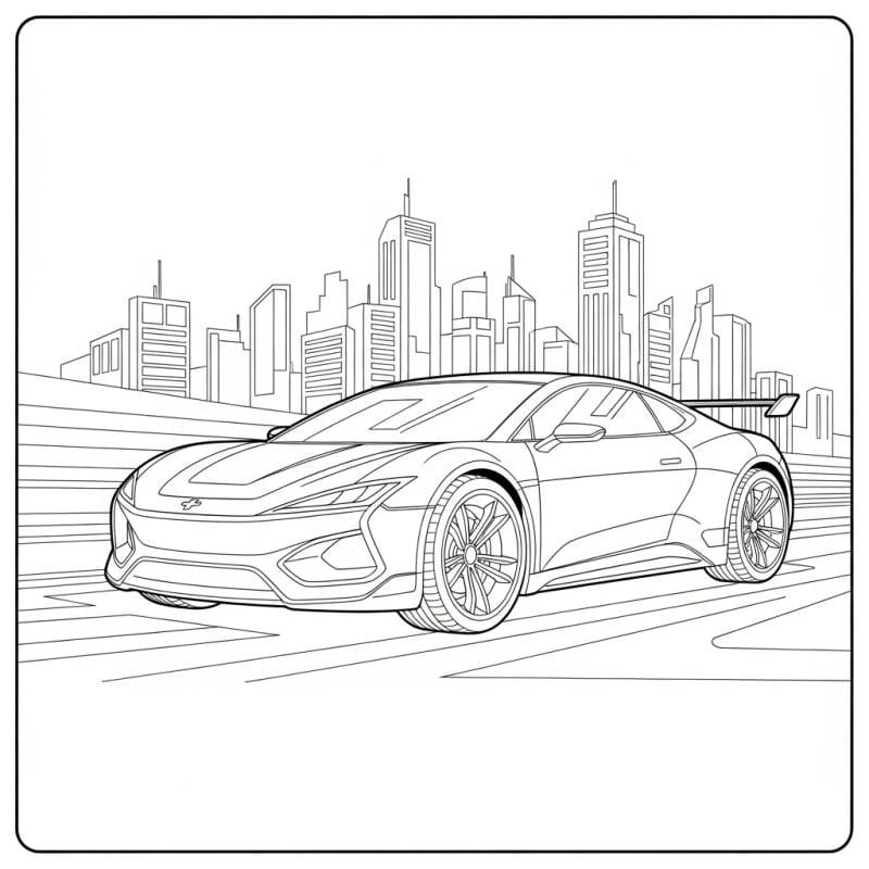 Coloriage voiture a imprimer - Dessin Voiture électrique futuriste dans une ville dynamique