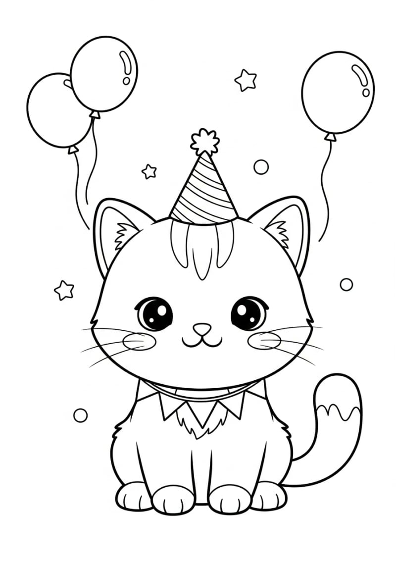 Coloriage chaton a imprimer - Dessin Mignon chaton avec chapeau de fête