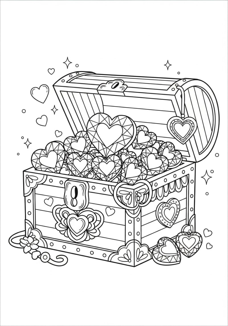 Coloriage coeur a imprimer - Dessin Coffre au trésor rempli de joyaux en cœur