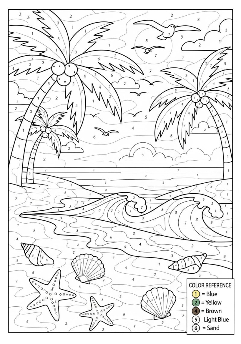 Coloriage numero a imprimer - Dessin Plage Sérène avec Palmiers et Coquillages à Colorier