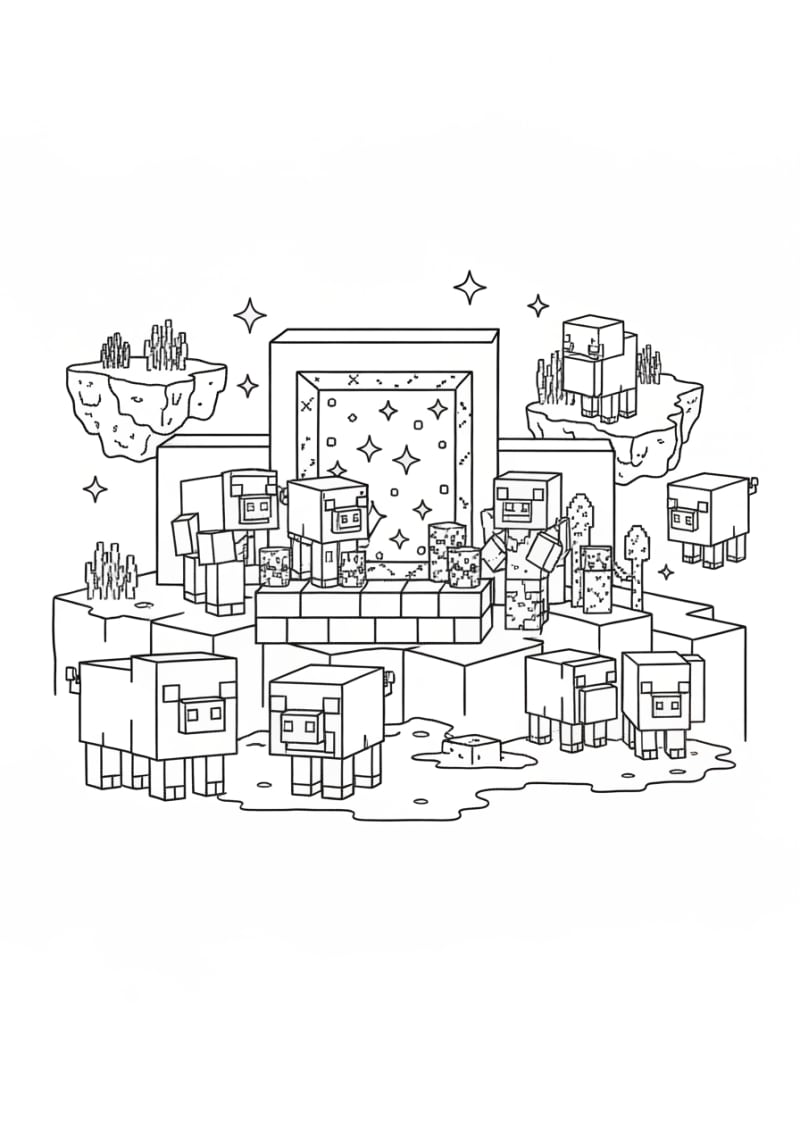Coloriage minecraft a imprimer - Dessin Portail magique avec piglins à colorier