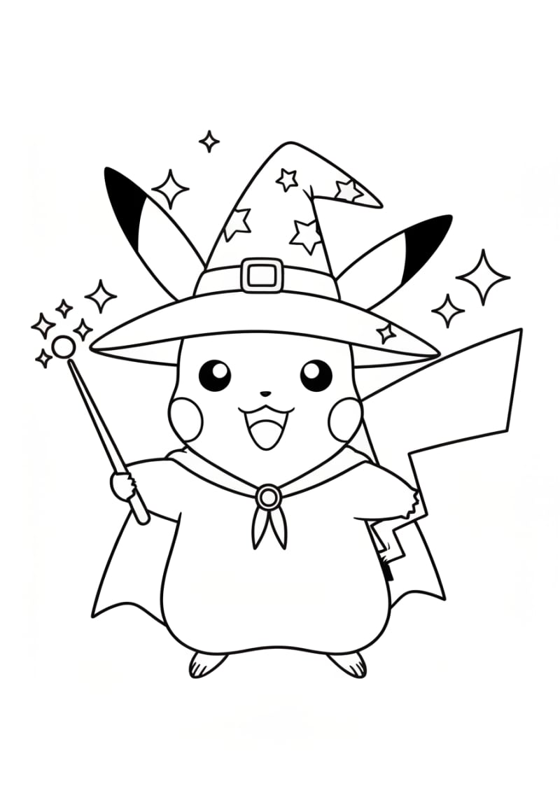 Coloriage pikachu a imprimer - Dessin Pikachu Magicien avec Baguette à Colorier