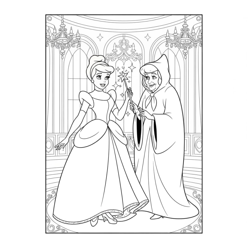 Coloriage princesse-disney a imprimer - Dessin Cendrillon et sa marraine à bal