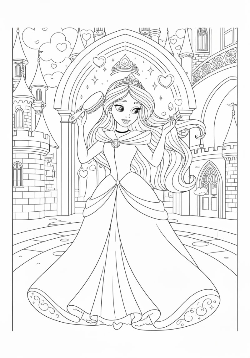 Coloriage princesse-disney a imprimer - Dessin Princesse coiffant ses cheveux au château